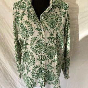 Green Damask Print Button-Up Blouse